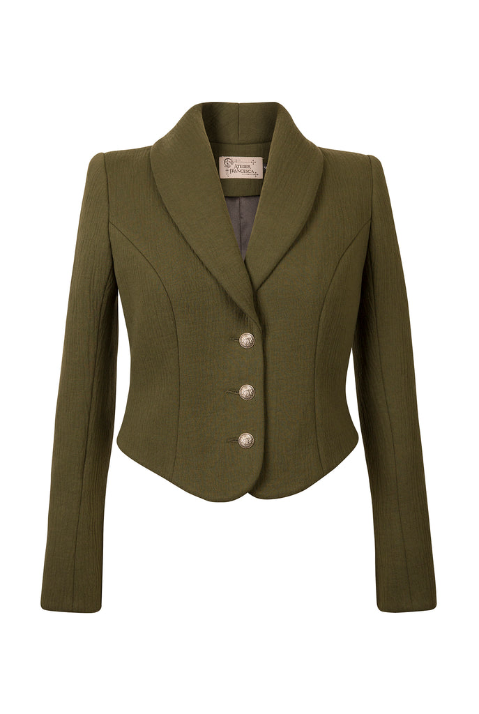 Atelier Francesca Army Green Statement Jacket. Shawl collar. Back detail.