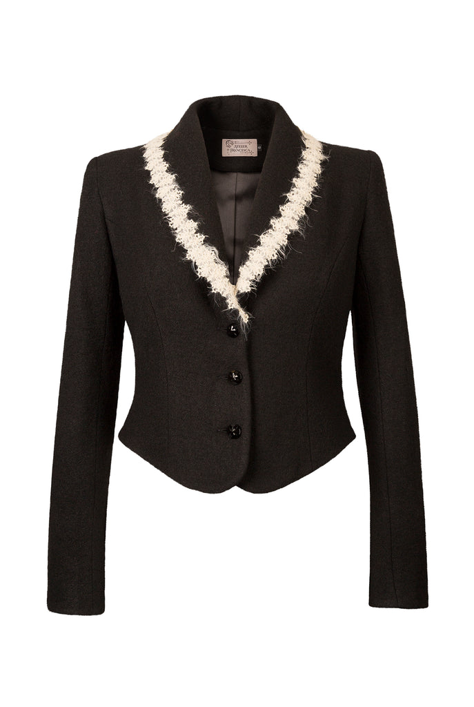 Atelier Francesca Black Jacket with Ecru Angora Trim, crepe knit, comfortable.