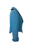 Side view of Atelier Francesca Teal Blue Jacket with Black Angora Trim.