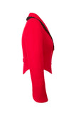 Side view of Atelier Francesca Red Jacket with Black Angora Trim.