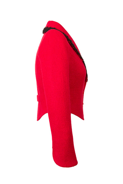 Side view of Atelier Francesca Red Jacket with Black Angora Trim.