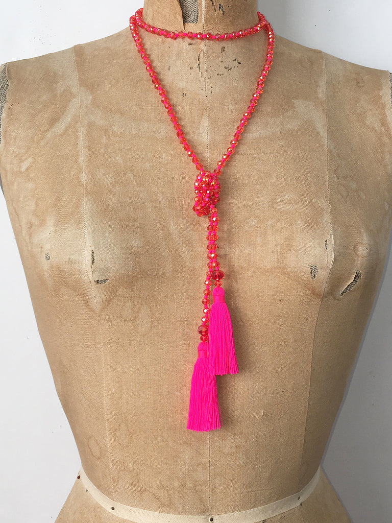 Lil Jewellry, faceted crystal necklace with tassels in hot pink