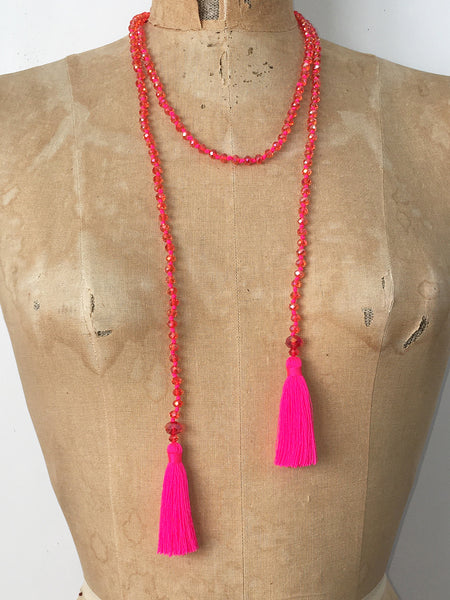 Lil Jewellry, faceted crystal necklace with tassels in hot pink