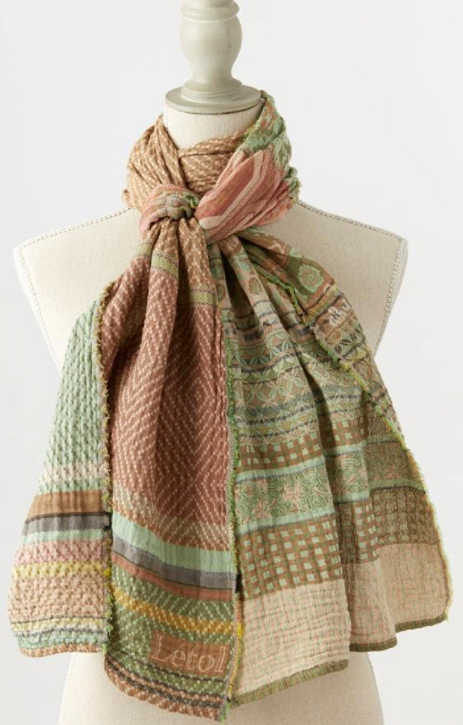 Letol scarf with stunning geo & floral pattern scarf, pistachio & sunny terra cottas.