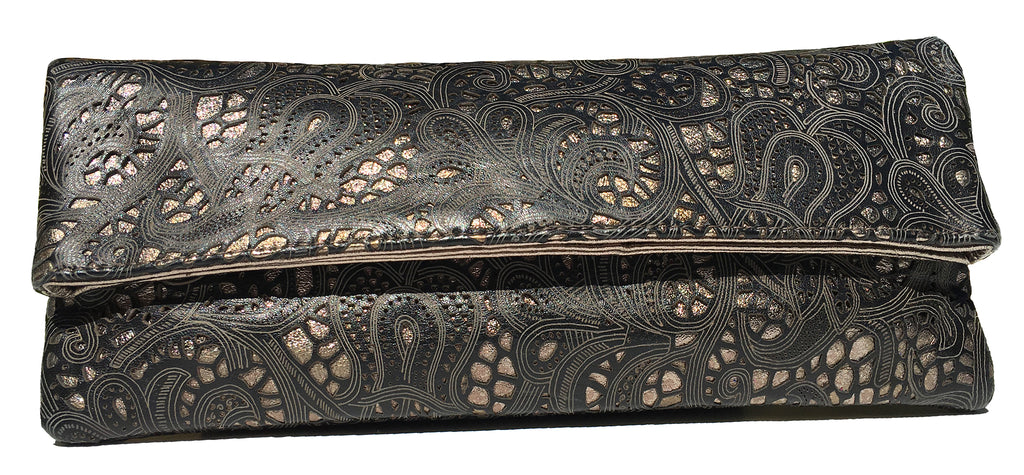 Lousie Farnay laser cut leather clutch in black and bronze