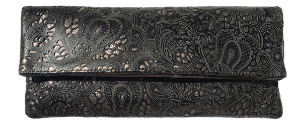 Louise Farnay, black laser cut leather, backed with bronze leather
