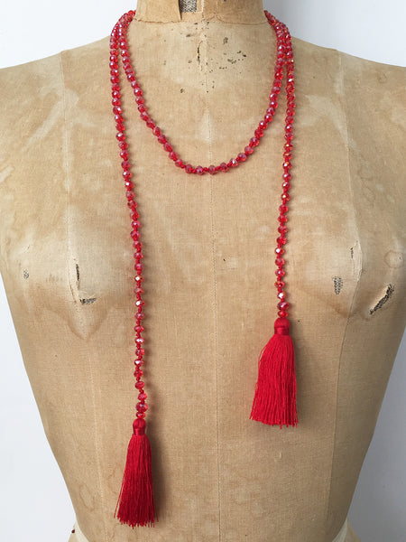 Lil Jewellry, faceted crystal necklace with tassels in red