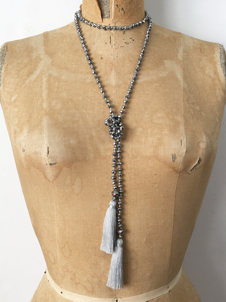 Lil Jewellry, faceted crystal necklace with tassels in silver