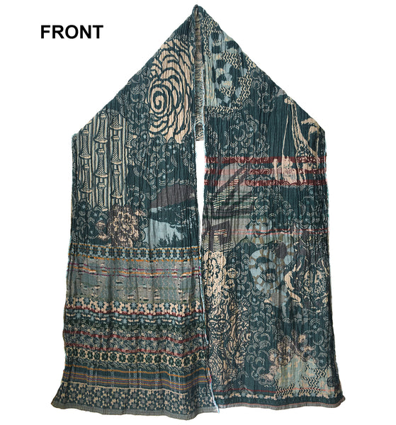 Front of Letol Twilght scarf in deep teal, warm grey with accents of turquoise, russet and gold
