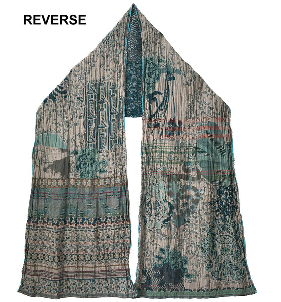 Reverse of Letol Twilight scarf in warm grey with accents of deep teal, turquoise, russet and gold