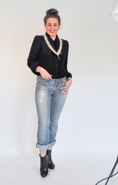 Atelier Francesca Black Jacket with Ecru trim, styled with Boyfriend Jeans.