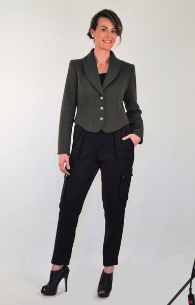 Atelier Francesca Statement Jacket in Army Green with black cargo pants.