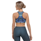 Back view of abstract mandala sports bra, blue and green. Print on demand.