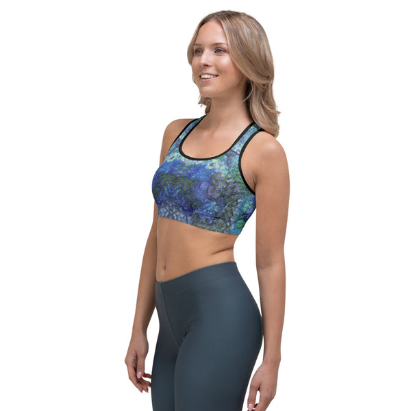 Side view of abstract mandala sports bra, blue and green. Print on demand.