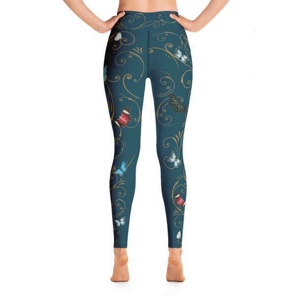 Back view of teal and gold butterflies in Flight print leggings. Print on demand.