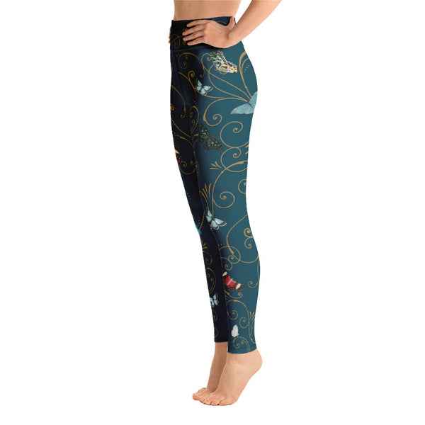 Side view of teal and gold butterflies in Flight print leggings. Print on demand.