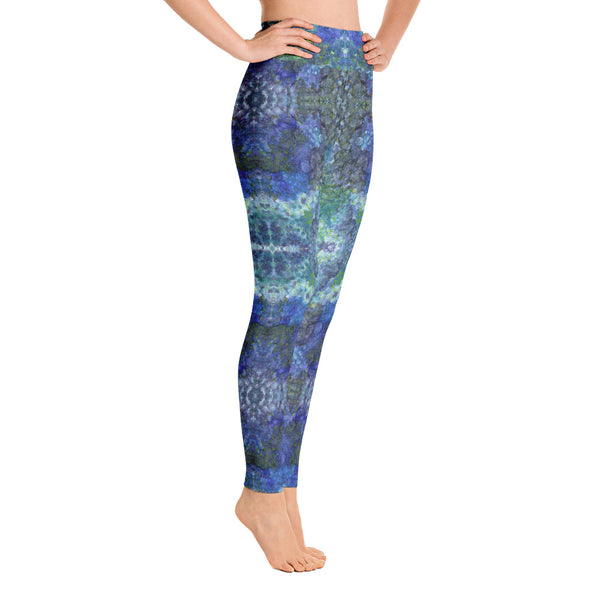 Side view of abstract mandala print leggings in blue and green. Print on demand.