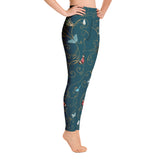 Side view of teal and gold butterflies in Flight print leggings. Print on demand.