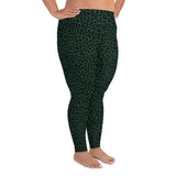 Side view of dark green leopard print, plus size leggings. Print on demand