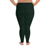 Back view of dark green leopard print, plus size leggings. Print on demand