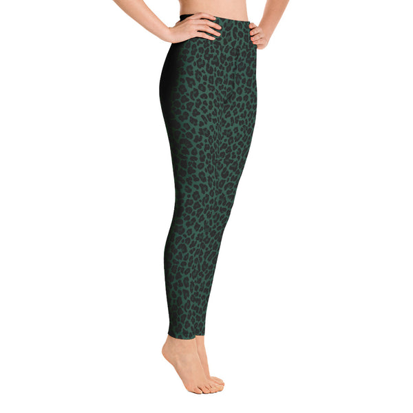 Side view of dark green leopard print leggings. Print on demand