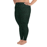 Side view of dark green leopard print, plus size leggings. Print on demand