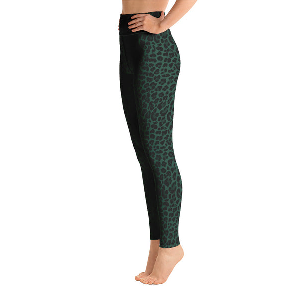 Side view of dark green leopard print leggings. Print on demand