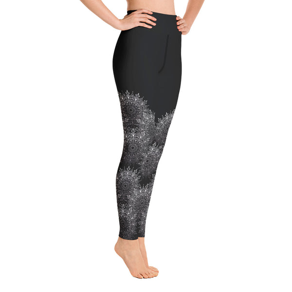 Side view of Lacy Mandala print leggings, black and white. Print on demand